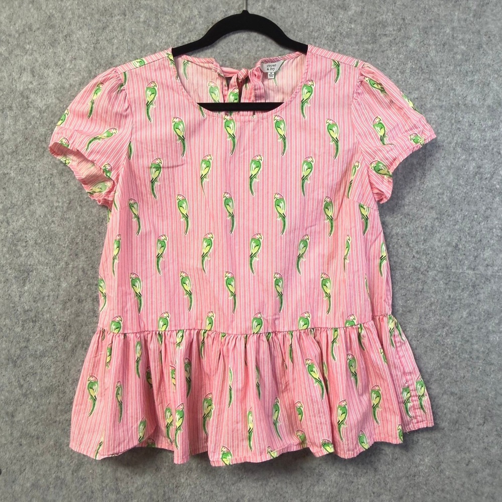 Crown & Ivy Womens Pink Stripe Parrot Print Peplum Top Short‎ Sleeve Tie Back M